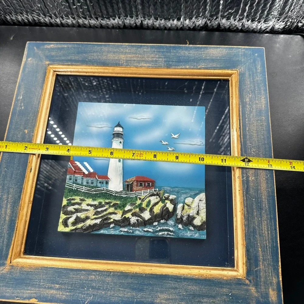 Lighthouse‎ 3D Framed Wall Art 12x12 Blue Gold Coastal Nautical